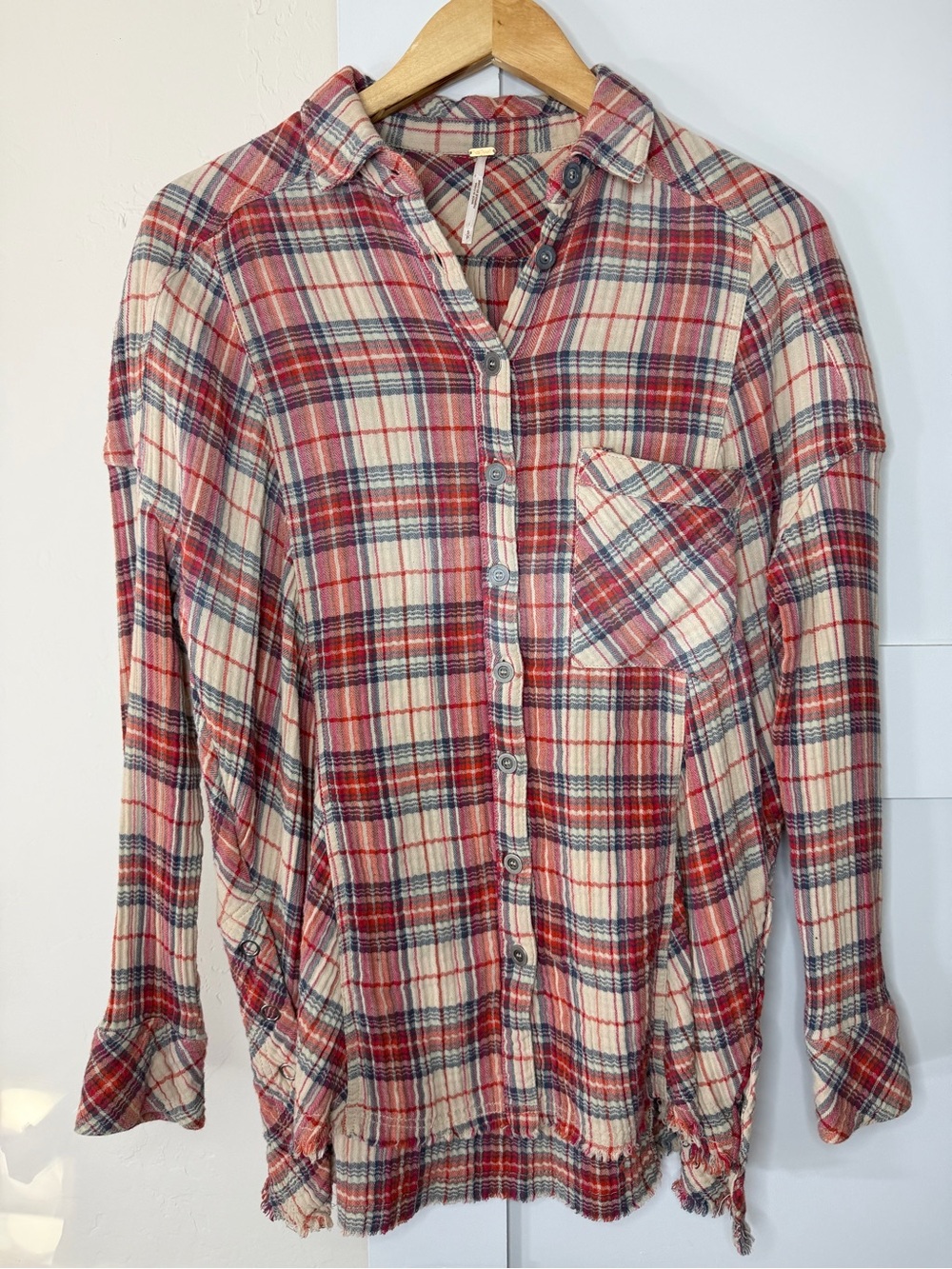 Free People Juniper Ridge Plaid Overaized Raw Hem Button Up Shirt